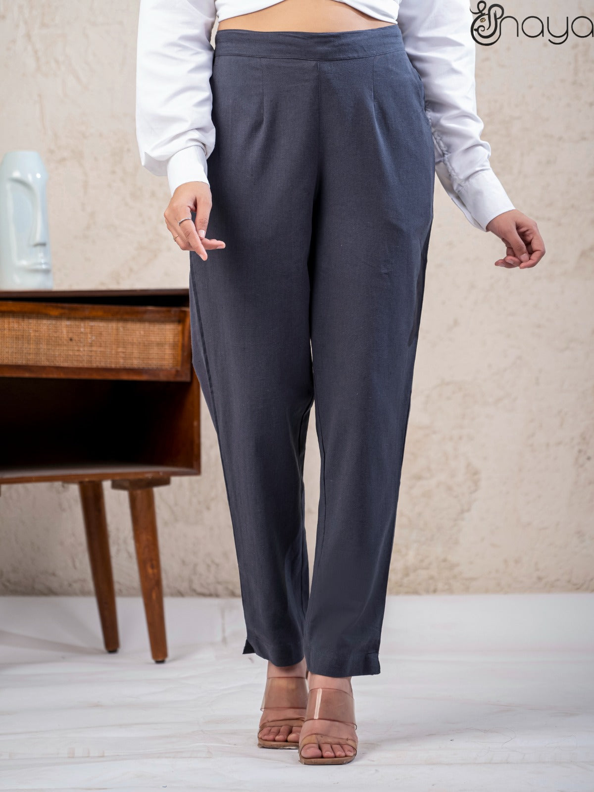Comfortable smoke grey linen pants breathable fabric