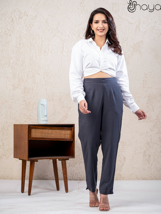 Smoke grey linen pants for women straight fit