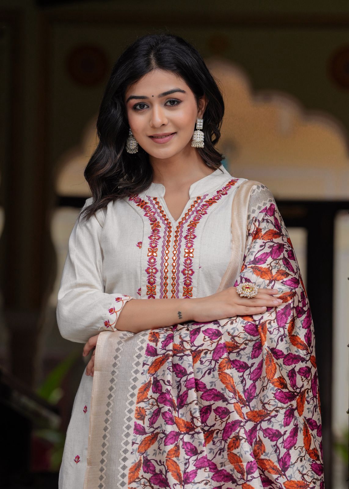 white pink embroidered kurti pant dupatta set for women