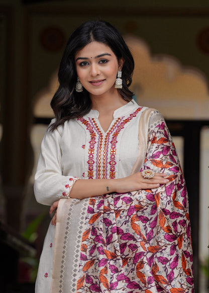 white pink embroidered kurti pant dupatta set for women