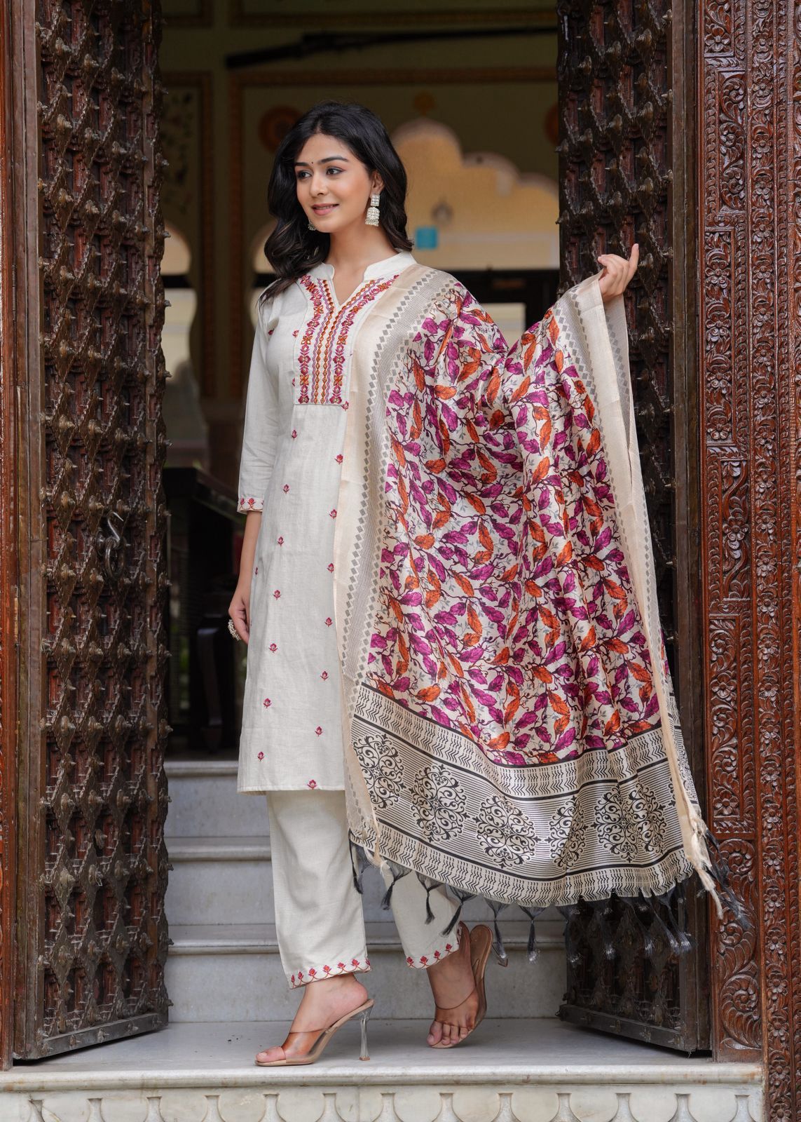 stylish white pink cotton kurta set ethnic wear