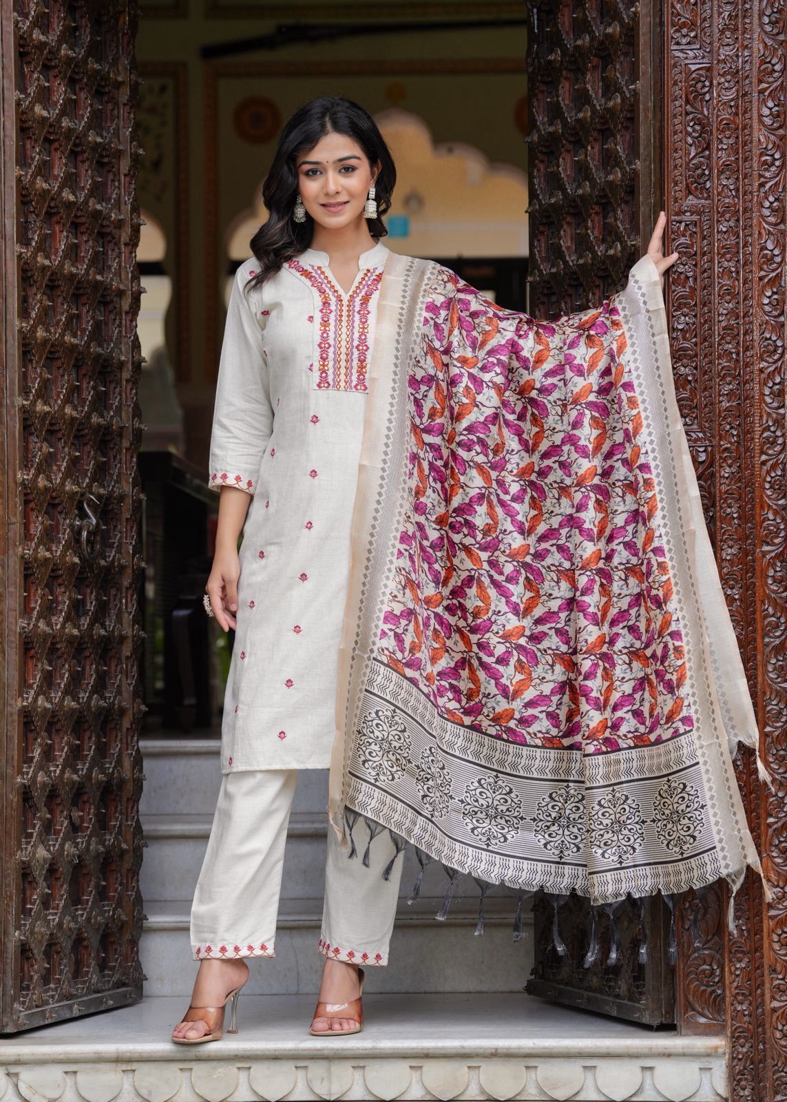 buy white pink cotton kurti set with pant and chanderi dupatta