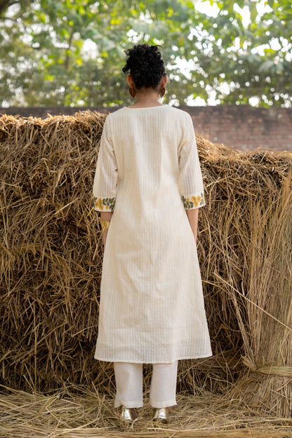 White cotton dobby kurta pant set daily wear outfit