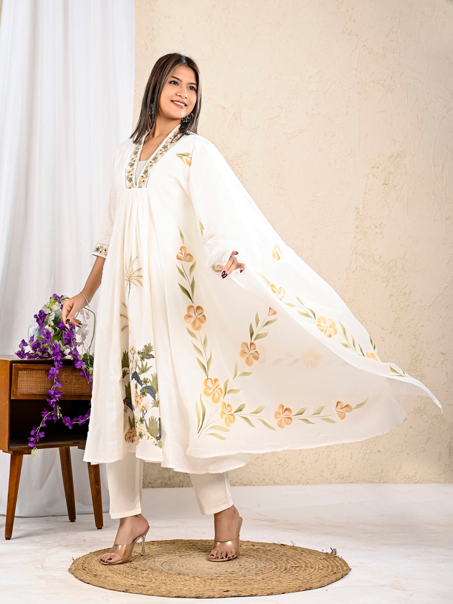Women white cotton A-line kurta set with dupatta