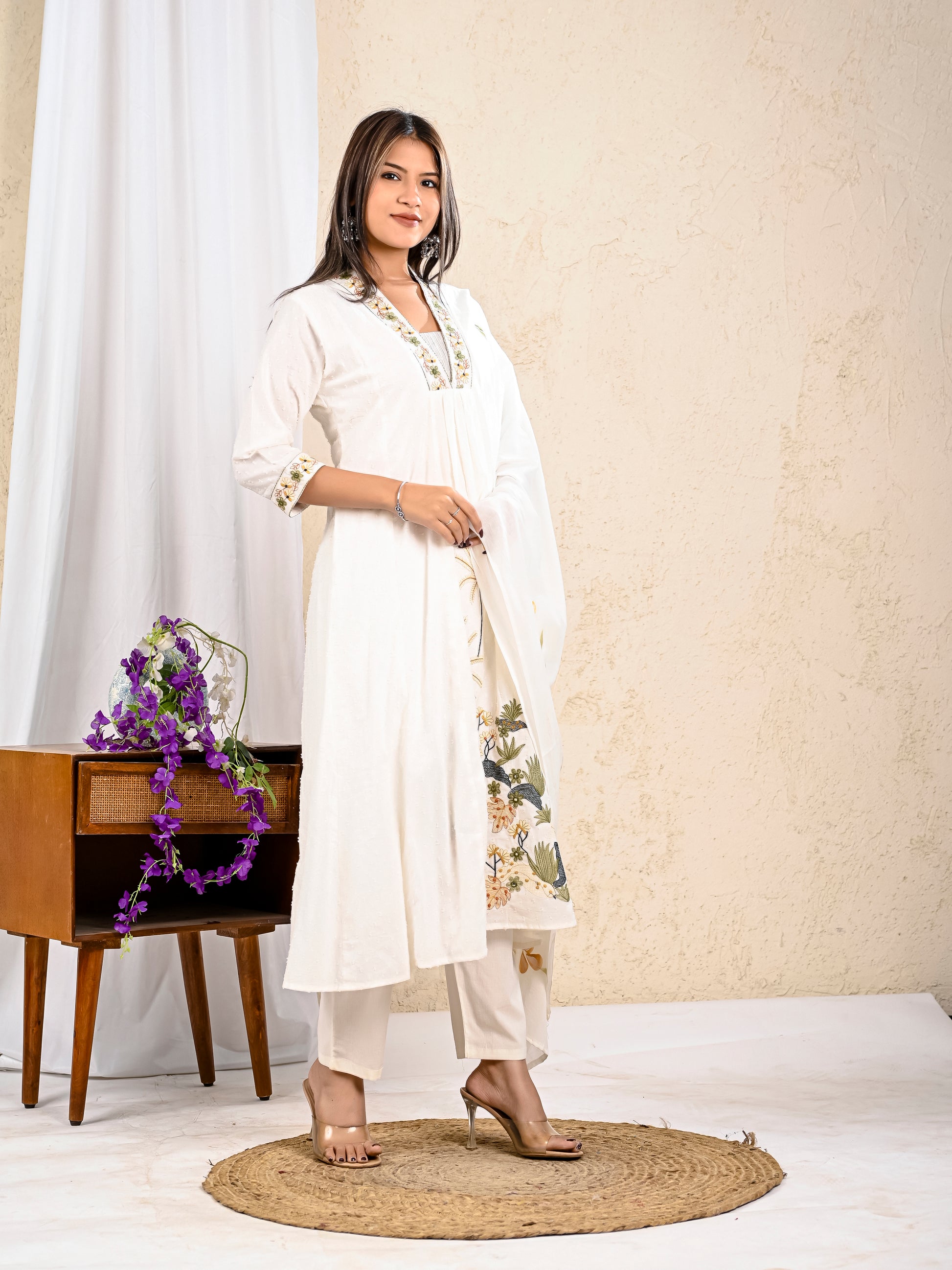 White embroidered kurta pant dupatta ethnic wear