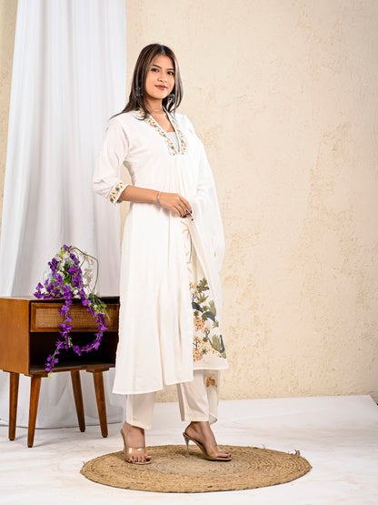 White embroidered kurta pant dupatta ethnic wear