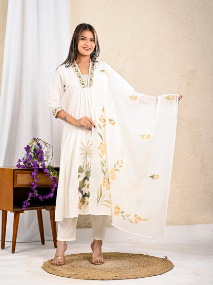 White embroidered A-line kurta pant dupatta set for women