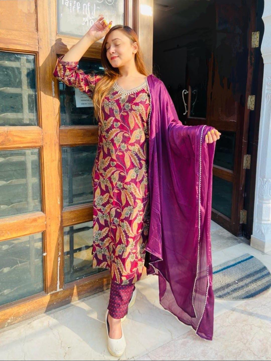 wine floral printed kurta pant dupatta set for women