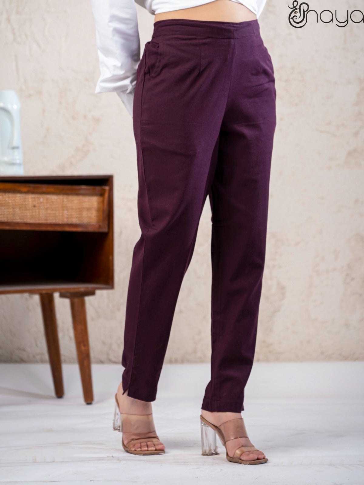 Wine cotton linen straight fit pants daily wear