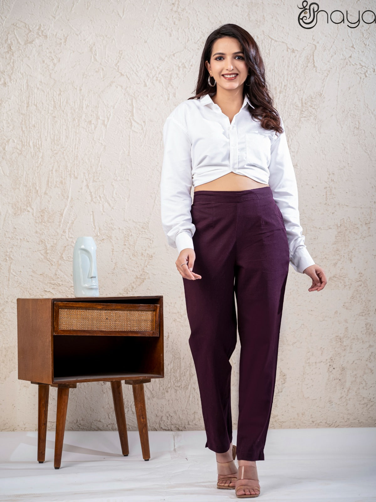 Wine linen pants for women straight fit