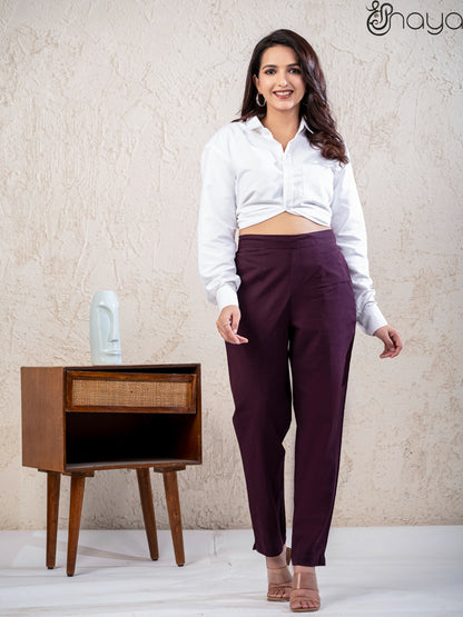 Wine linen pants for women straight fit