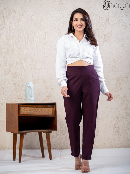 Wine linen pants for women straight fit