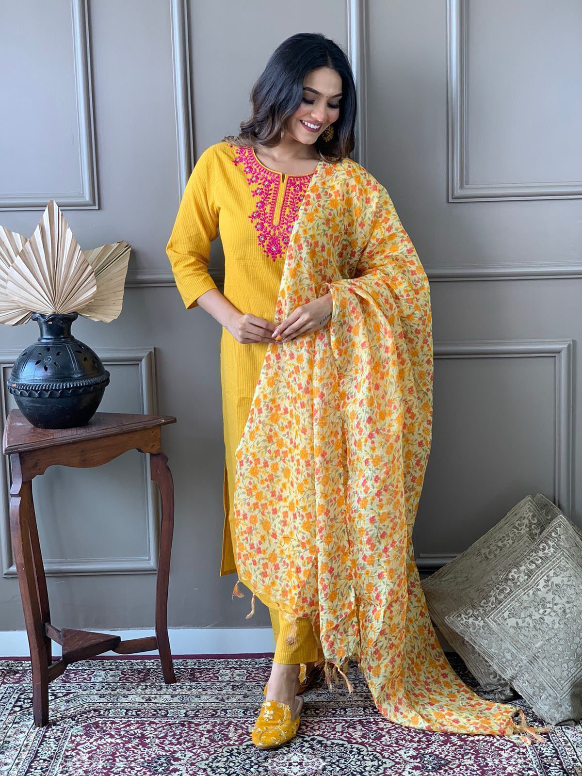 handwoven yellow cotton kurta set ethnic wear
