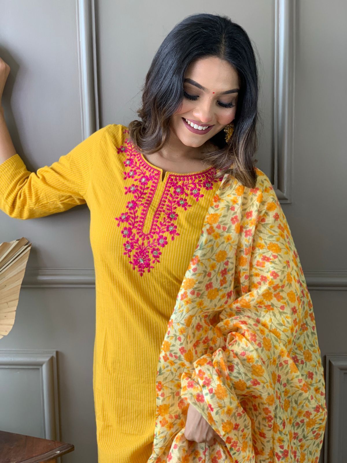 yellow kurta set embroidery detail close-up