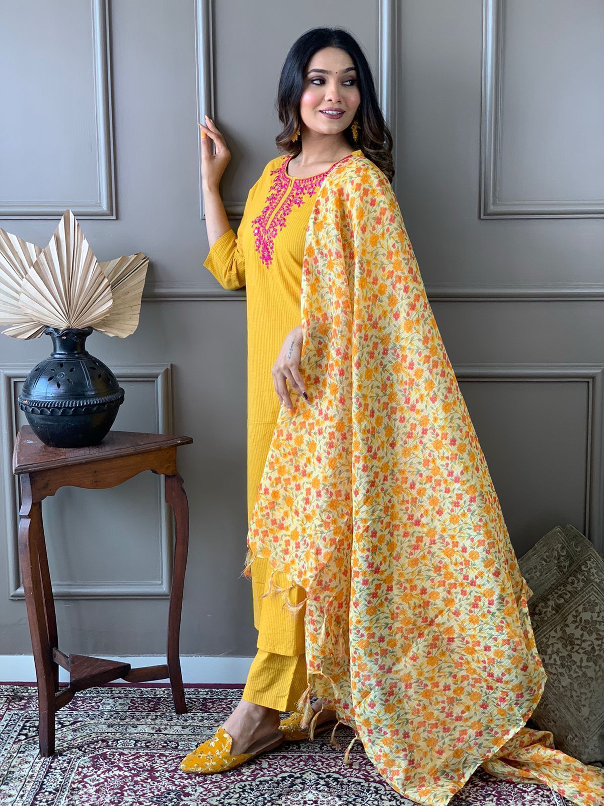 buy yellow cotton handwoven kurta set with kota silk dupatta