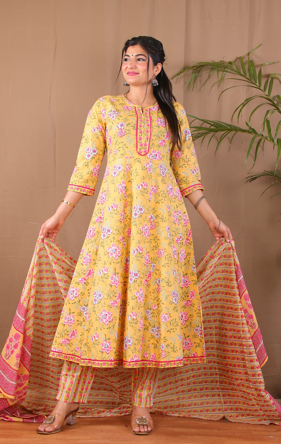 Women Yellow Floral Cotton Anarkali Kurta Pant Dupatta
