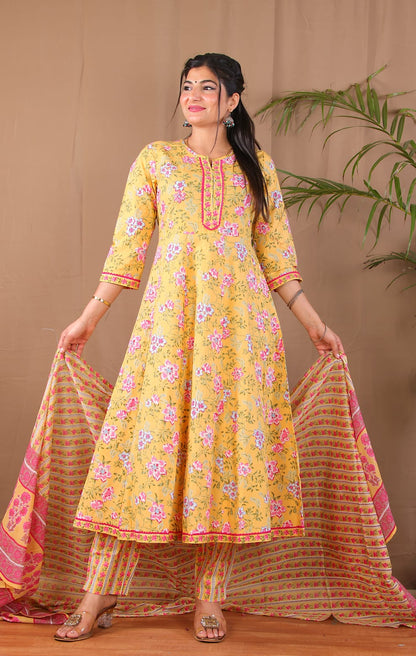 Women Yellow Floral Cotton Anarkali Kurta Pant Dupatta