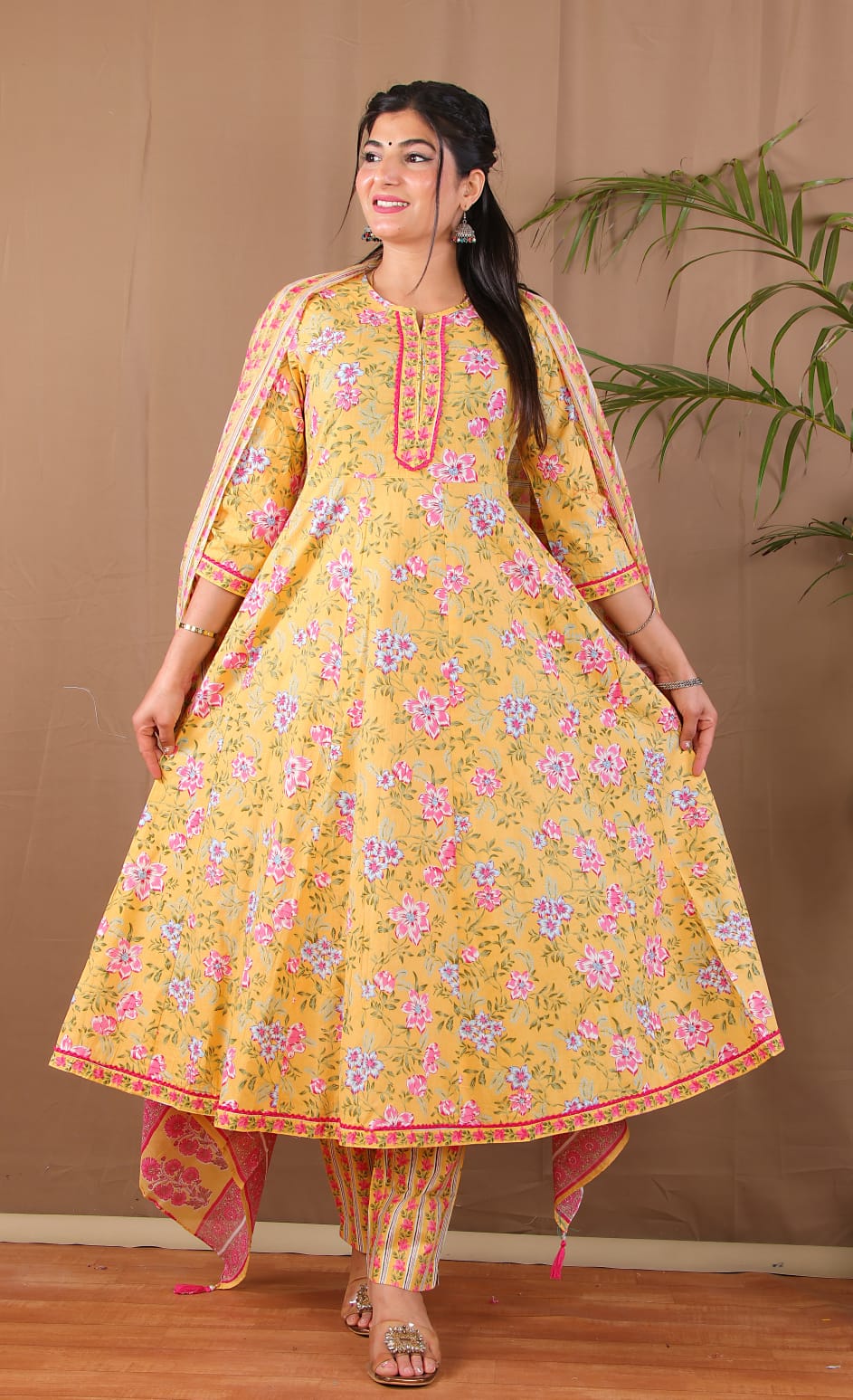 Yellow Floral Ethnic Anarkali Suit Set for Festive Wear