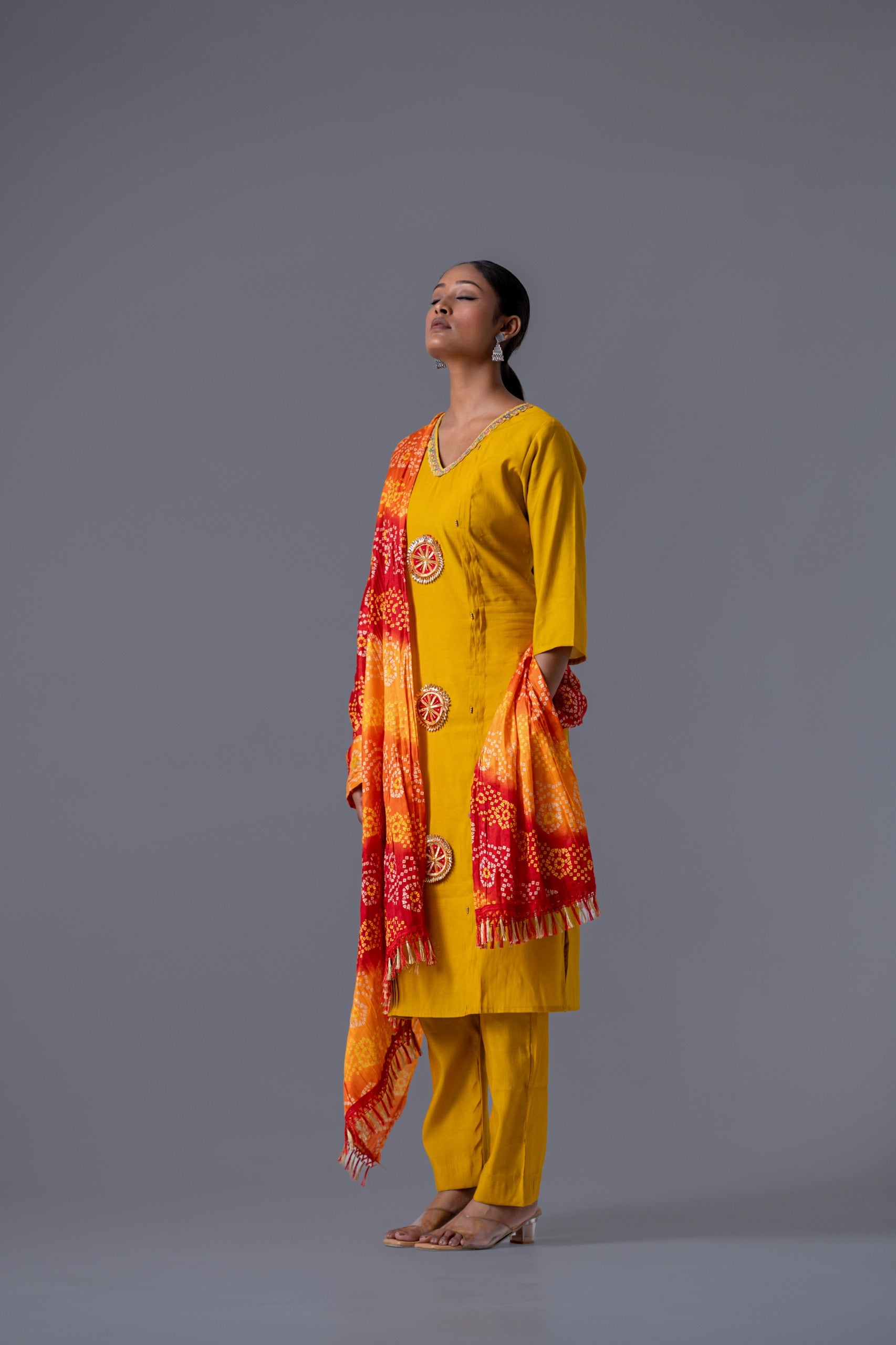 Elegant Yellow Gota Patti Kurta Pant Dupatta – Silk Set