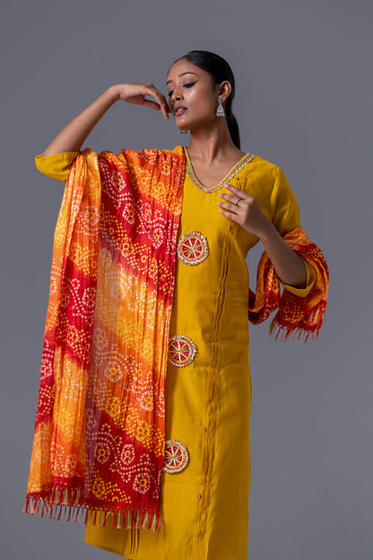 Stylish yellow silk kurta set with printed dupatta